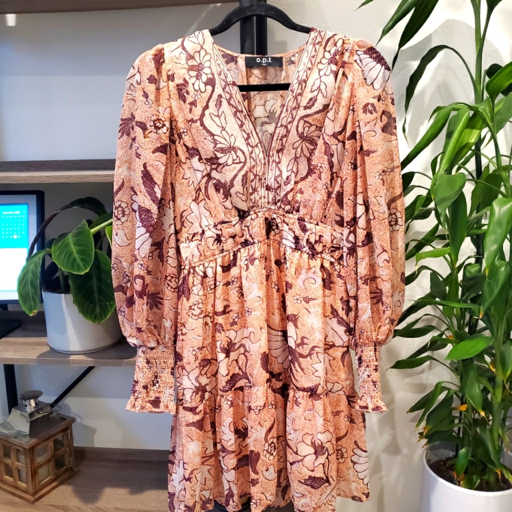 💎O.P.T Long Sleeve Bohemian Pink & Gold Mini Dress - Picture 2 of 8